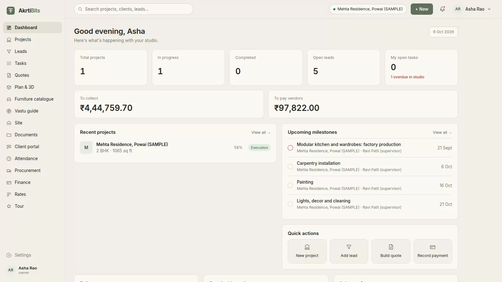 The studio dashboard