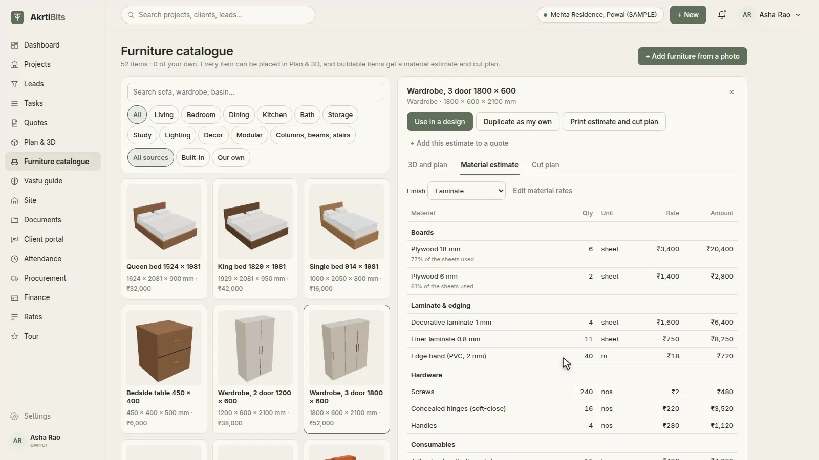 A three-door wardrobe's material estimate