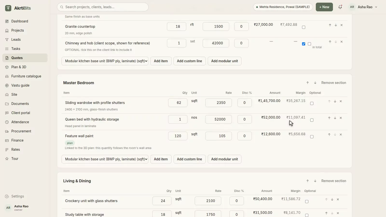 A room-wise quote with quantities, rates and margins