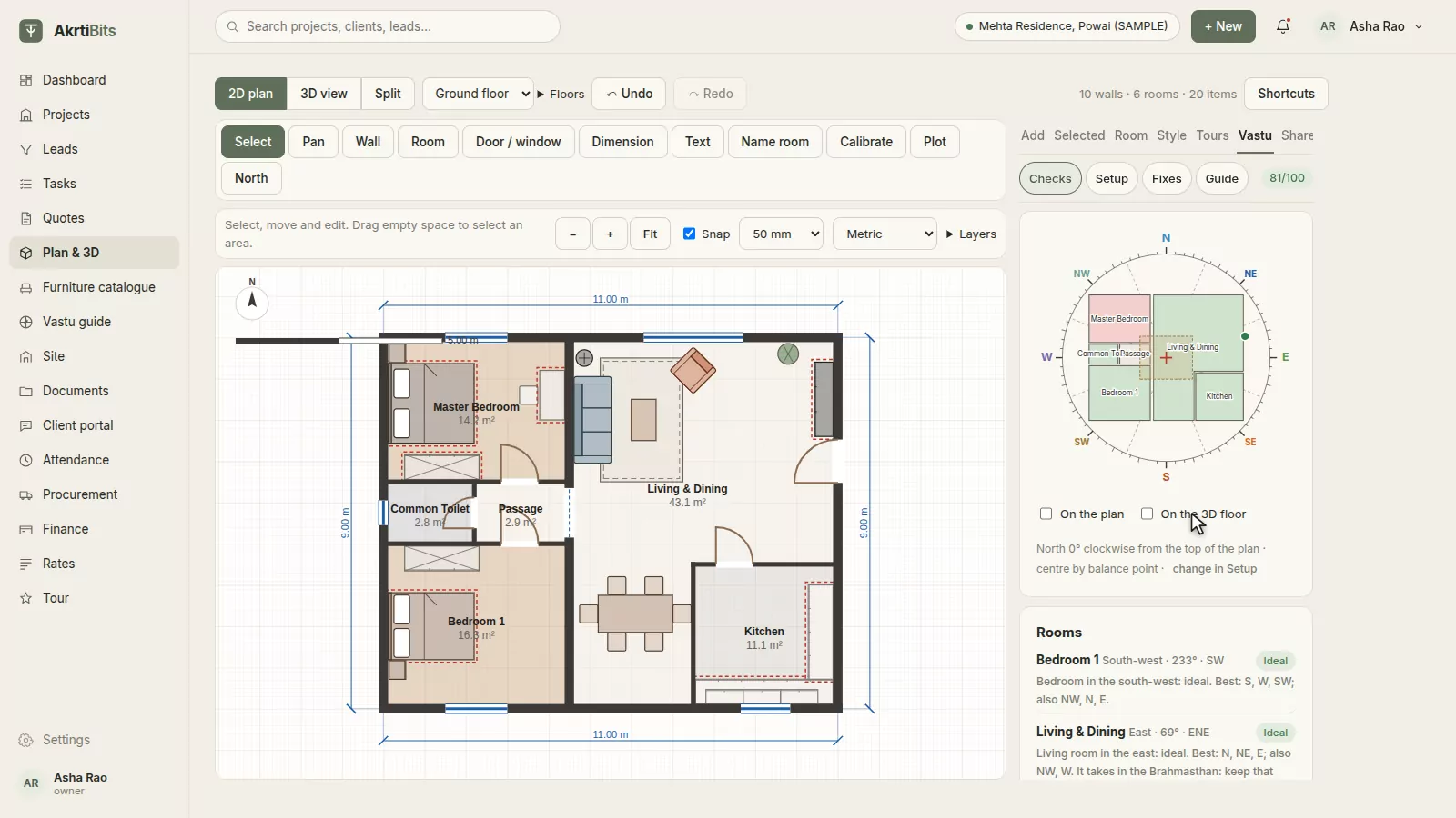 The Vastu compass over the plan with room checks